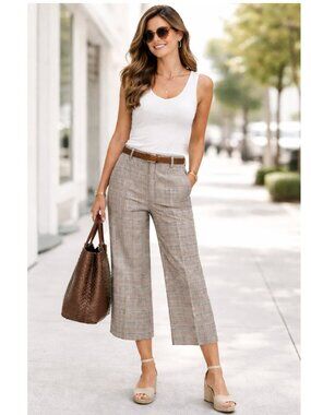 Banana Republic Plaid Wide-Leg Pant Chinos High Rise Crop Grey Sz 10